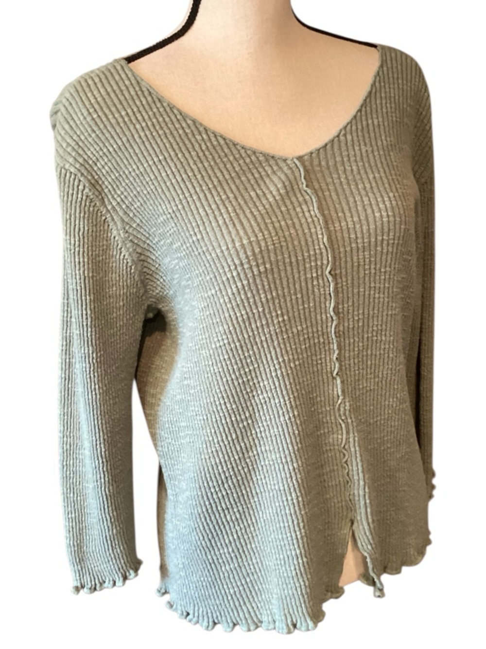 Vintage J Jill Ribbed Lettuce Hem Sweater Sage Green Cotton Y2K Minimalist Large - Picture 2 of 9
